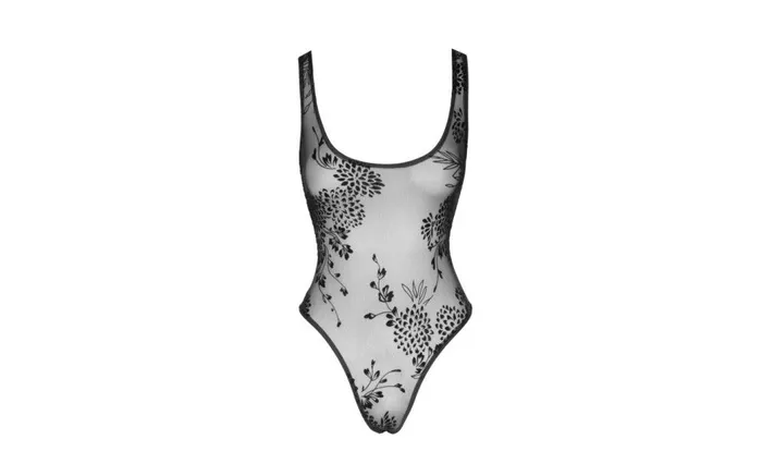 Noir Tulle Bodysuit with Patterned Flock Embroidery Black SML Noir Anal