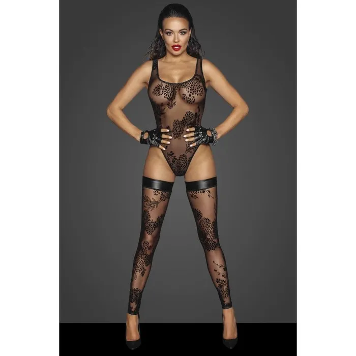 Noir Tulle Bodysuit with Patterned Flock Embroidery Black SML Noir Anal