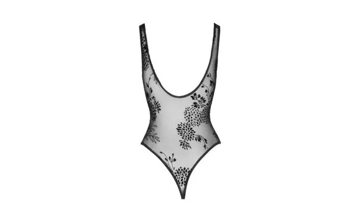 Noir Tulle Bodysuit with Patterned Flock Embroidery Black SML Noir Anal