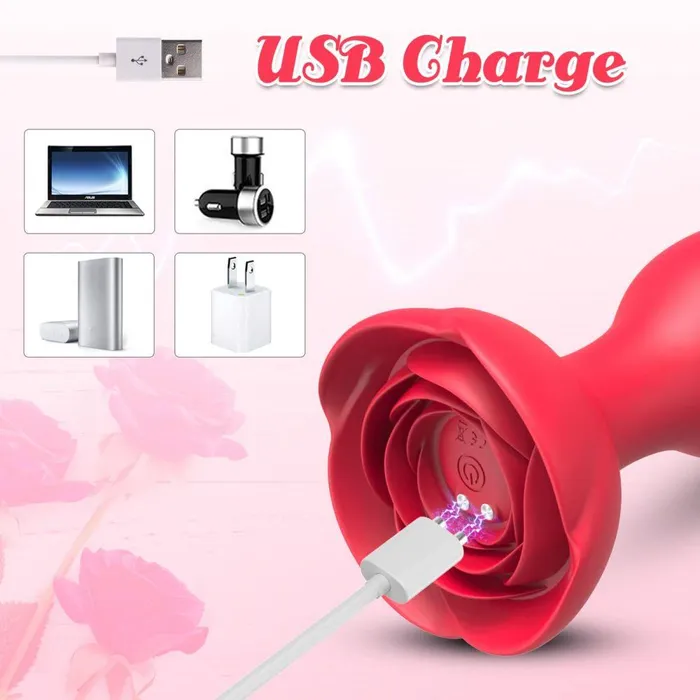 propinkup Male Sex Toys Anal Vibrators Vibrating Rose Butt Plug with 10 Modes Rose Base Silicone Rose Adult Toys